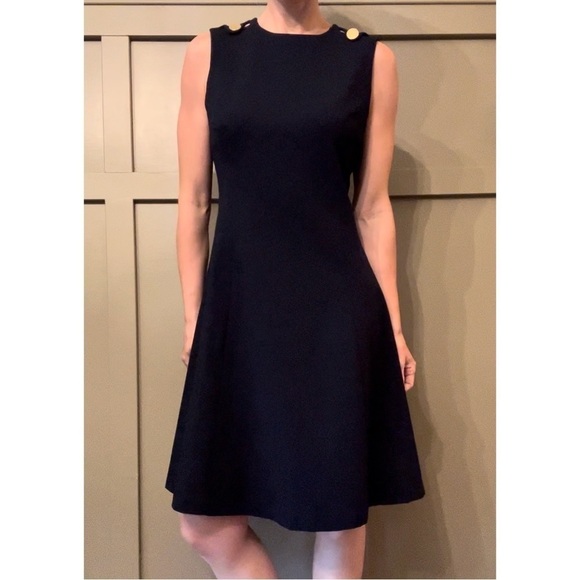CALVIN Klein A-Line Career Office Dress Dark Navy Gold Button Shoulder Size 8 - Picture 11 of 11
